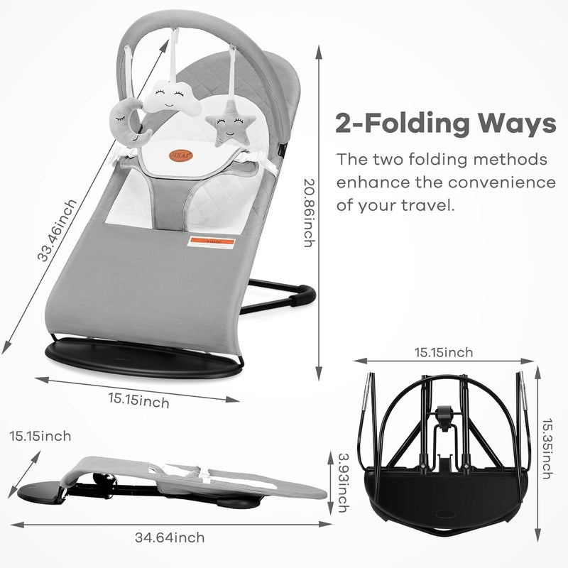 HKAI Baby Bouncer, Portable Baby Bouncer Seat for Babies 0-18 Months, 100% Cotton Fabrics, 3 Modes of use with Rocker and Stationary Options, Infant Rocker Chair with Hanging Toys-Light Grey - Image 3